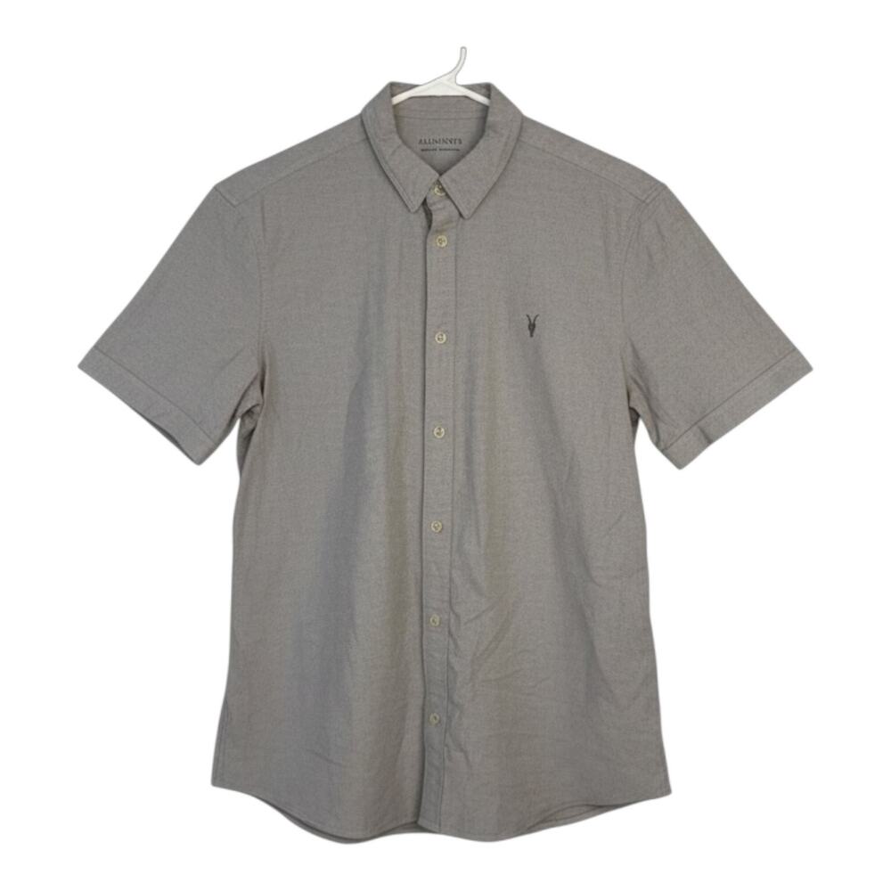 AllSaints Huntingdon Grey Short Sleeve Button Down Shirt with Ramskull Logo